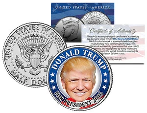 DONALD TRUMP FOR PRESIDENT 2016 U.S. COLORIZED JFK KENNEDY HALF DOLLAR/COIN! COA - Picture 1 of 1