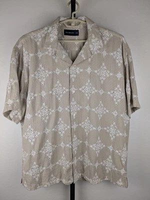 Abercrombie & Fitch XXL short sleeve button front shirt beige white cotton blend - Image 1 of 4