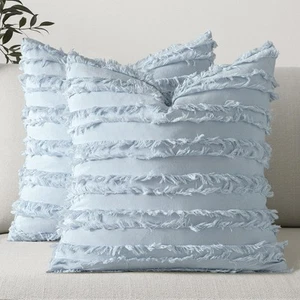 Set of 2 Decorative Boho Throw Pillow Covers Linen Striped Jacquard Pattern C... - Picture 1 of 6