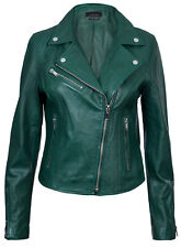 Ladies Green Genuine Real Sheep Leather Classic Biker Style Women Jacket