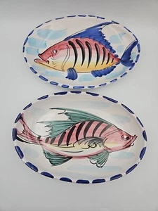 Pair Of Vietri Italy Hand Painted Fish Oval Wall Hanging Plates - Picture 1 of 6