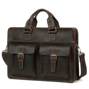 Mens Leather Briefcase Bag Messenger Lawyer Handbag 15.6" Laptop Case Professor - Picture 1 of 16