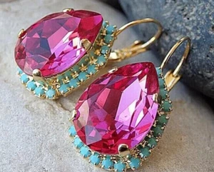 4.00 CT Pear Cut Simulated Pink Ruby Drop/Dangle Earrings 14K Yellow Gold Plated - Picture 1 of 7