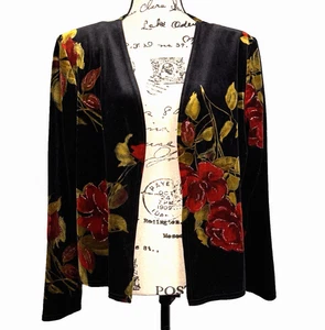 Jeffery Dora Evenings Black Velvet Jacket Sz 14 Red Roses Whimsigoth Witchy Vtg - Picture 1 of 11