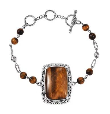 Tigers Eye Toggle Clasp Bracelet Platinum Over Copper with Magnet 6.50-8.00In - Image 1 of 4