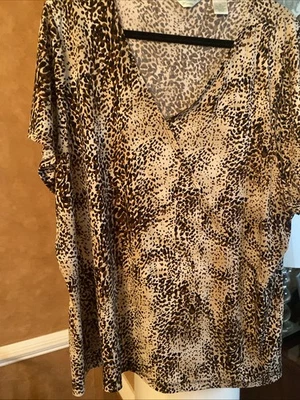 Laura Ashley 3 X верхний коричневый гепард печать V шеи эластичной коротким рукавом вязаная рубашка - Изображение 1 из 4