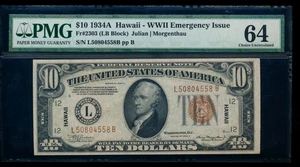 AC Fr 2303 1934A Hawaii $10 PMG 64 UNCIRCULATED - Picture 1 of 2
