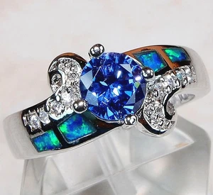 Ring 1 kt behandelter Saphir & australischer Opal-Inlay 925 Sterlingsilber Größe 8 AB5 - Bild 1 von 2