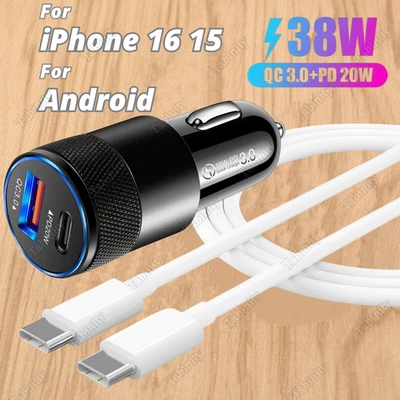 For iPhone 15 16 Pro Samsung USB-C Type C Fast Charger Cable PD 38W Car Adapter - Image 1 of 4