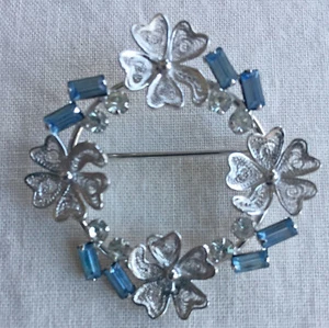 CARL ART STERLING SILVER brooch pin, simul. AQUAMARINE DIAMONDS FLOWERS WREATH! - Picture 1 of 2