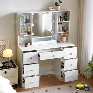 Large Dressing Table With LED Lights Mirror 7 Drawers Cabinet Makeup Vanity Desk - Picture 1 of 10