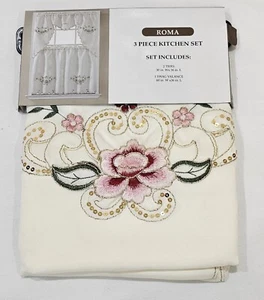 3 Piece Embroidered Window Treatment Kitchen Curtain Tiers and Swag Valance Set - Picture 1 of 7