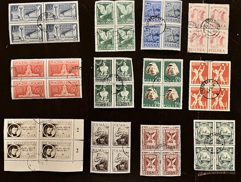 POLAND LOT OF 12 DIFFERENT BLOCKS OF 4 USED STAMPS Cover