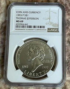 1993-P Thomas Jefferson Commemorative Dollar MS69 NGC Brown Label Reverse Toning - Picture 1 of 4