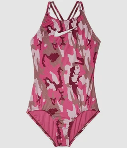 $42 Nike Kids Girl's Pink Camo Spiderback One Piece Swimsuit Swimwear Size M - Picture 1 of 1