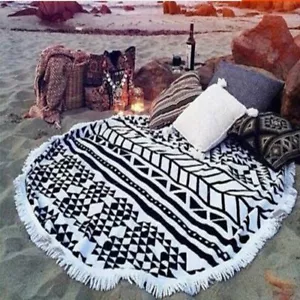 150cm large round beach pool towel fringe gift picnic rug white black cotton - Picture 1 of 7