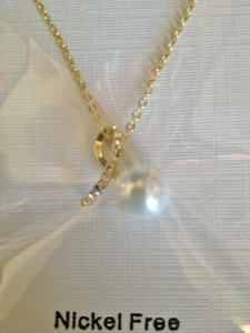 Rhinestone and Pearl Awareness Necklace Gold Metal - Picture 1 of 5