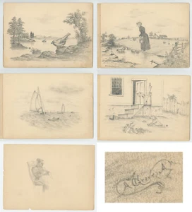 1890's VICTORIAN SKETCHBOOK 8 Antique PENCIL DRAWINGS Good Quality Folk Art Sign - Picture 1 of 9