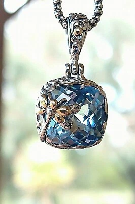  Colgante Samuel B Topacio Azul Oro Sólido 18K y Plata de Ley Corte Cojín Foto 1 de 4