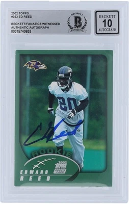 Tarjeta de novato Ed Reed Baltimore Ravens firmada 2002 Topps #353 Beckett Fanatics 10 Foto 1 de 3