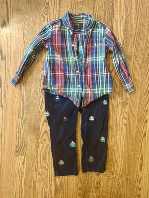 Lote De 2 Polo Ralph Lauren Niños Cuadros Oxford Y Azul Marino Estampado Pana 4T Vacaciones* Foto 1 de 4