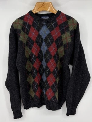 Vintage LANDS END Mens Large Shetland Wool Scotland Sweater Argyle Grandpa Gray - Image 1 of 4