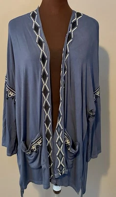 Cárdigan abierto POL para mujer M azul bordado bolsillos largos ligero suéter boho Foto 1 de 4
