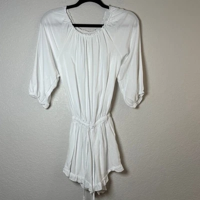 White Ruffle Trim Jumpsuit Romper Drawstring Waist 3/4 Sleeve Casual - image 1 of 4
