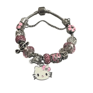 Hello Kitty Pink Silver Girls Charm Bracelet Kawaii Beaded Bling NEW - Picture 1 of 5