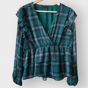 Blusa corta con volantes de chifón tórrida para mujer 1X verde a cuadros cuello en V - Imagen 1 de 6