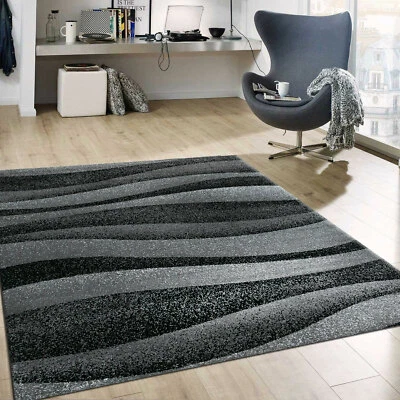 Tapis Gris Rayures Motif à Poils Ras - Photo 1/4