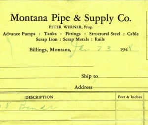 Montana Pipe & Supply Co Invoice 1948 Billings MT Peter Werner Prop - Picture 1 of 3