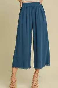 Wide Leg Linen Blend Elastic Waist Plus Size Pants Pockets - Picture 1 of 9