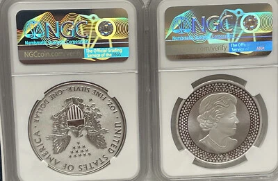 NGC PRIDE OF TWO NATIONS 2019 US SET SILVER EAGLE CANADIAN MAPLE ENHANCED REV PF - Image 1 of 3