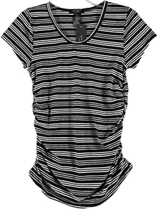 Love Ryan LA Juniors T-Shirt Kurzarm tailliert seitlich gerafft schwarz grau gestreift - Bild 1 von 11