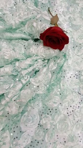Mint Lace 3d Floral Flowers Fabric By The Yard Sequin on Mesh Roses Satin - Picture 1 of 10