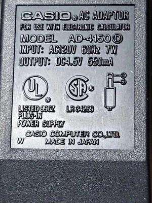 Genuine Casio Calculator AC Adapter - Model AD-4150 - Output DC4.5V 550mA - Image 1 of 4