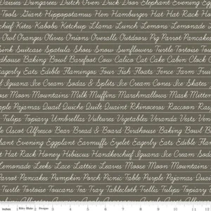Fat Quarter Riley Blake Hungry Animal Alphabet Penmanship Charcoal Gray Cotton - Picture 1 of 1