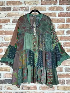 PLUS Size Overdyed Patchwork Block Vintage Basil Laced Ruffle BOHO TUNIC TOP - Picture 1 of 14
