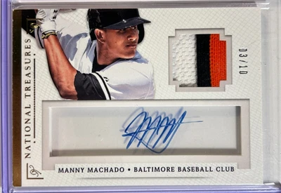 Manny Machado AUTO~PARCHE #/10 National Treasures Gold 2014 firma autógrafo Foto 1 de 2