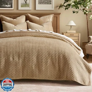 EVERGRACE Luxury Velvet Quilt Set King Size 3 Piece, Soft Cross-Stitch Velvet - Picture 1 of 5