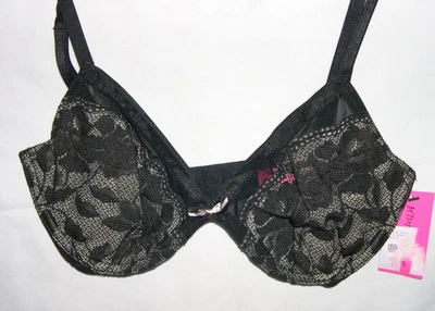 Бюстгальтер Betsey Johnson No724801 черный без подкладки Plunge Starlet кружевной на косточках 32D - новый с Ярлыками - Изображение 1 из 3
