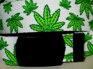 Canvas White 56" x 1 1/4" Marijuana Leaf Military WEB Fabric Belt BLACK Buckle - Picture 1 of 6