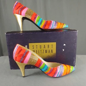 Stuart Weitzman 7B Stripe Sparkle Rhinestone Silk Pumps Gold Heel 3 in Polka Dot - Picture 1 of 15