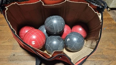 Vintage Sportcraft Bocce Ball Set, 4 Red, 4 Black, With Canvas  Carrying Case.  - Image 1 of 2