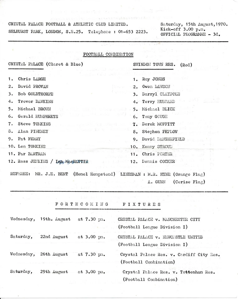 Crystal Palace Reserves v Swindon Town (Combination) 1970/1971 - Image 1 of 1