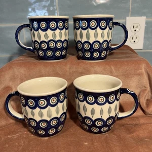 Boleslawiec Poland Set 4 Mugs Art Pottery Peacock Cobalt Blue Excellent Con! - Picture 1 of 11