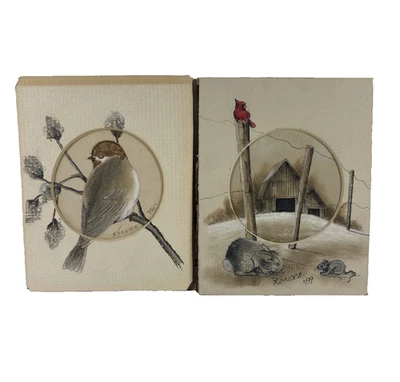 Pequeños dibujos a lápiz originales de colores cuadros artísticos pájaros cardenal ratón conejito Foto 1 de 4