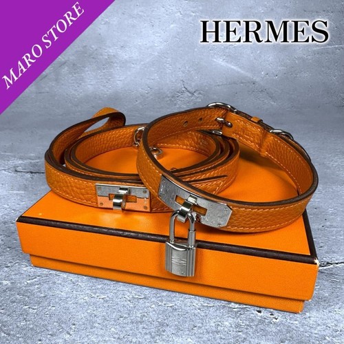 HERMÈS Hermes Set collare e guinzaglio per animali domestici Kelly arancione argento regolabile 9 6 11 2"