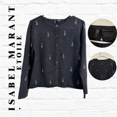Isabel Marantz Etoile Black Sweater Cardigan L Embroidered Christmas Trees - Image 1 of 4